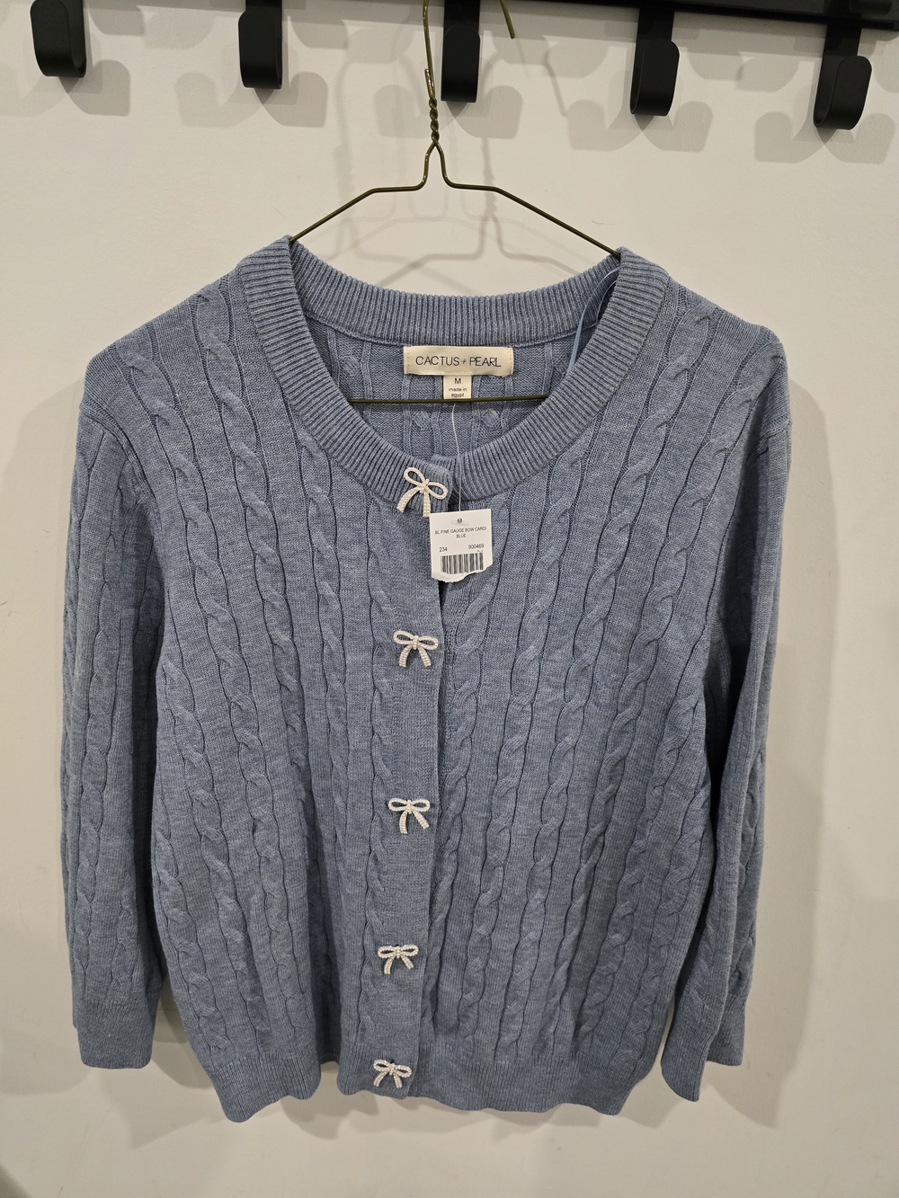 Women's Light Blue Cactus Anf Pearl Cable-Knit Bow Cardigan